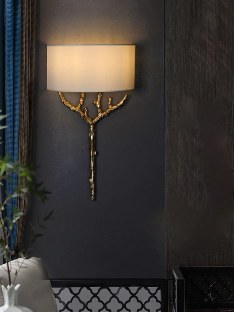 Modern Nature Inspired Brass Tree Branch Sconce with Fabric Shade Indoor Wall Light