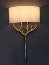 Modern Nature Inspired Brass Tree Branch Sconce with Fabric Shade Indoor Wall Light