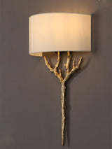 Modern Nature Inspired Brass Tree Branch Sconce with Fabric Shade Indoor Wall Light