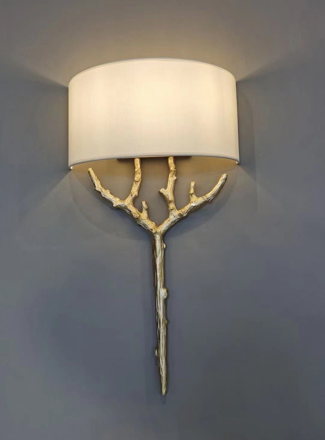 Modern Nature Inspired Brass Tree Branch Sconce with Fabric Shade Indoor Wall Light