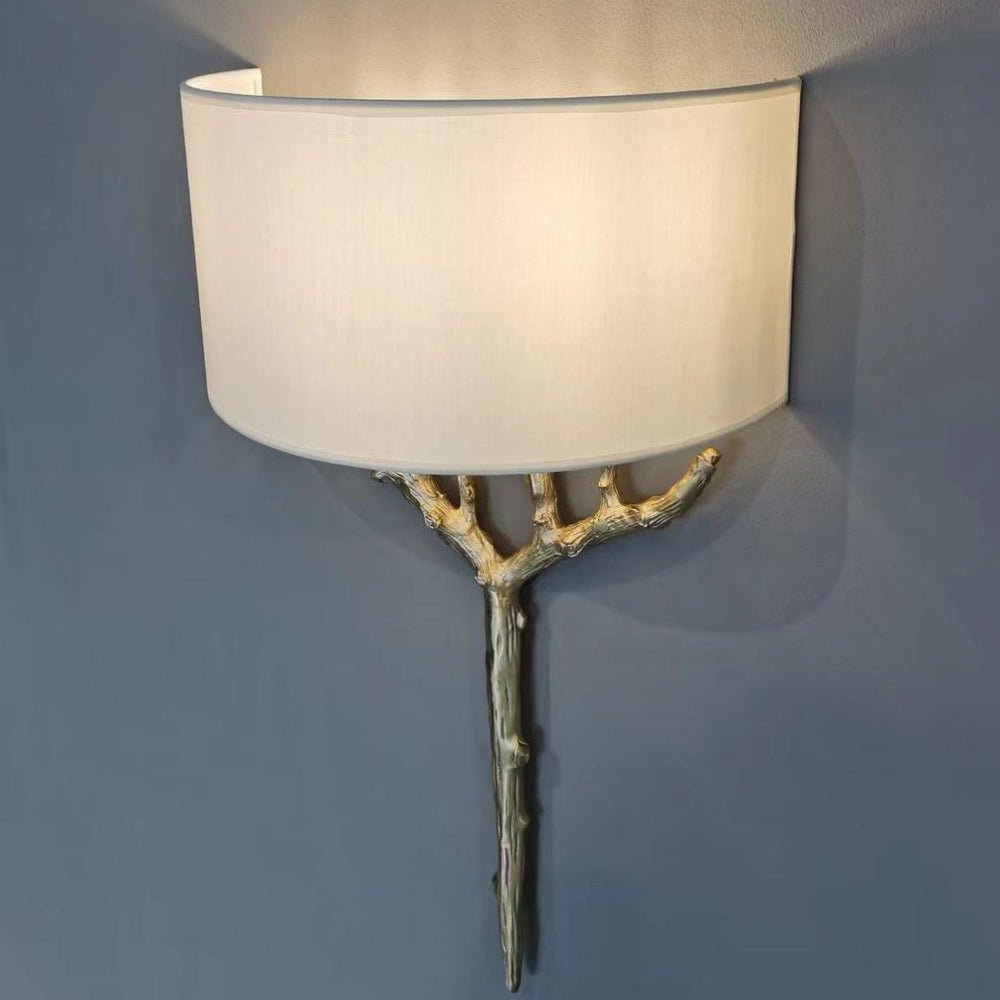 Modern Nature Inspired Brass Tree Branch Sconce with Fabric Shade Indoor Wall Light