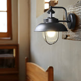 Modern Nautical Black Outdoor Wall Sconce with Seeded Glass and Metal Cage for Porch