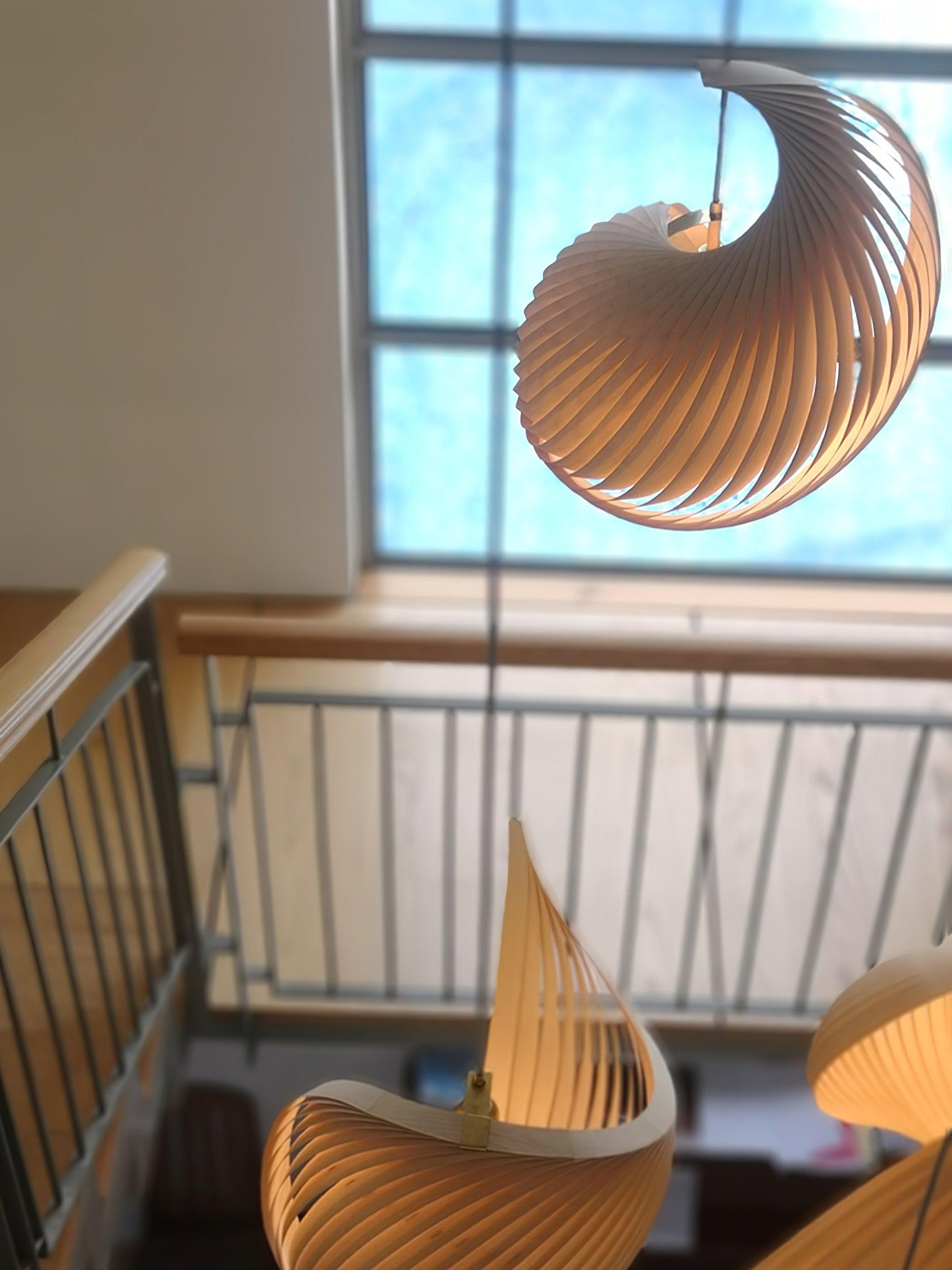 Modern Nautilus Shell Wooden Pendant Lamp Organic Spiral Coastal Hanging Light