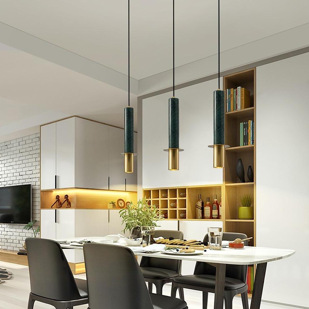 Modern Nordic Cylindrical Pendant Light Metal and Marble LED Hanging Lamp for Dining Room