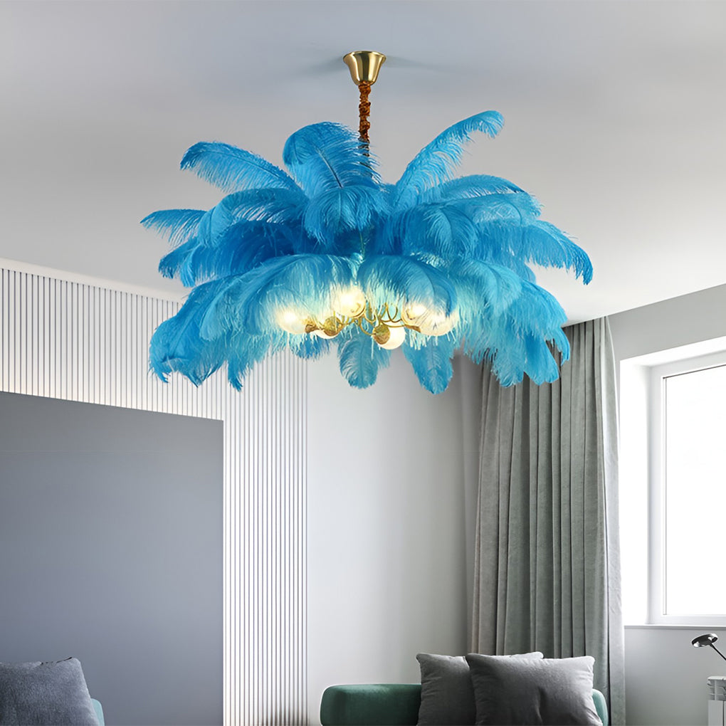 Modern Nordic Feather Chandelier Copper Semi Flush Mount Ceiling Light for Bedroom and Living Room