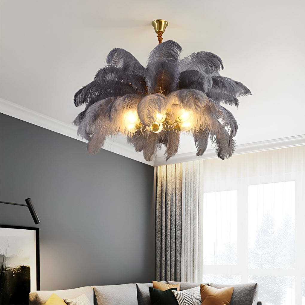 Modern Nordic Feather Chandelier Copper Semi Flush Mount Ceiling Light for Bedroom and Living Room