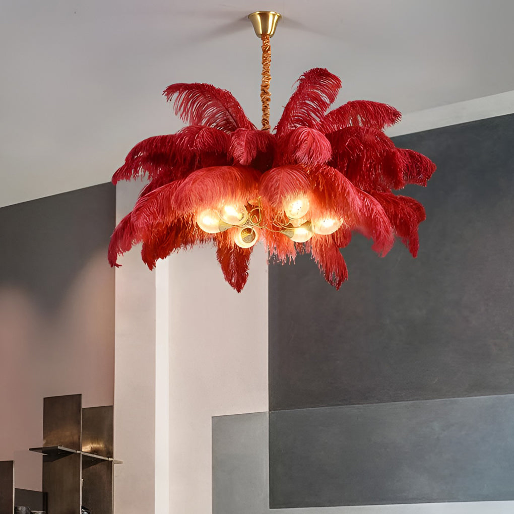 Modern Nordic Feather Chandelier Copper Semi Flush Mount Ceiling Light for Bedroom and Living Room