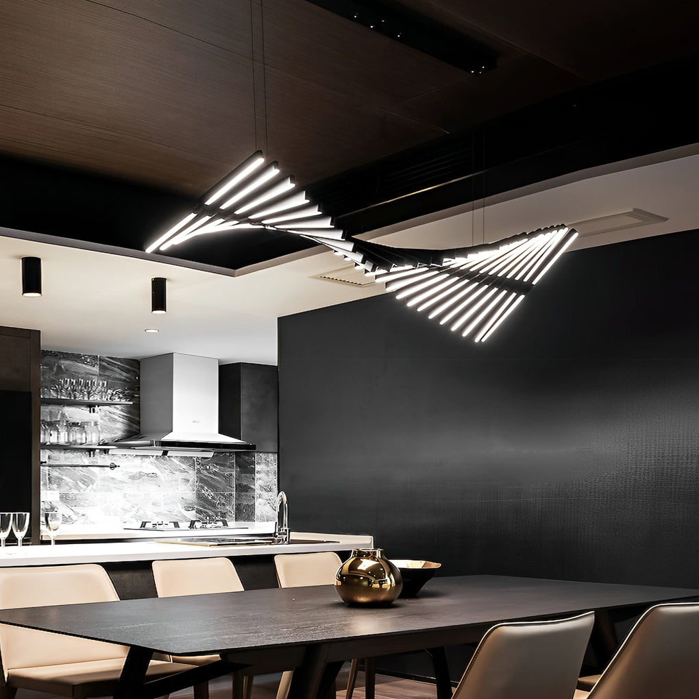 Modern Nordic Fishbone LED Chandelier Dimmable Wave Strip Pendant Light for Kitchen and Dining Room