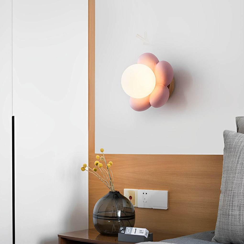Modern Nordic Floral Wall Sconce Lighting for Bedroom with Wood and Glass Shade