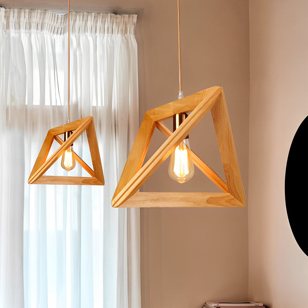 Modern Nordic Geometric Wood Frame Hanging Pendant Light Minimalist Art Chandelier