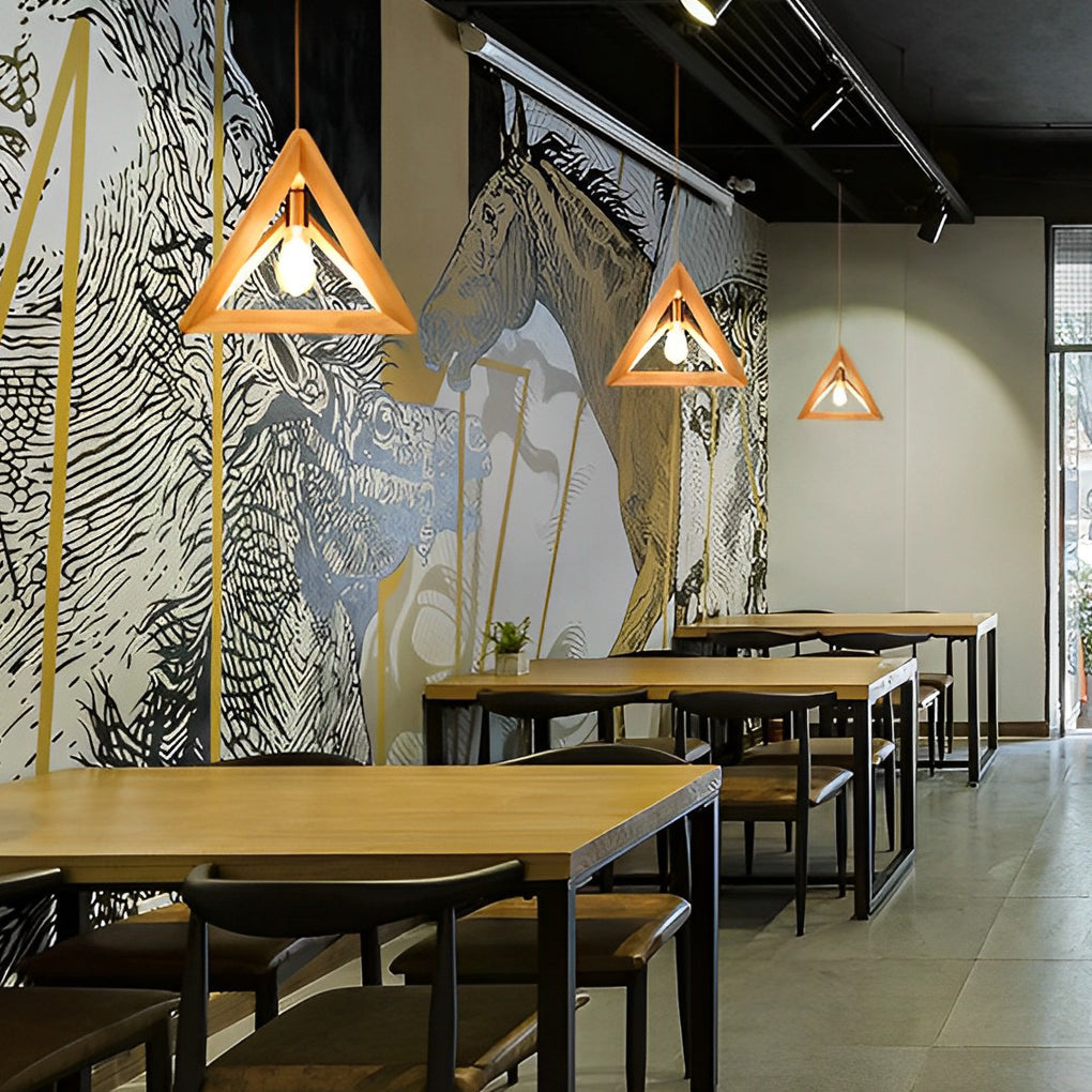 Modern Nordic Geometric Wood Frame Hanging Pendant Light Minimalist Art Chandelier