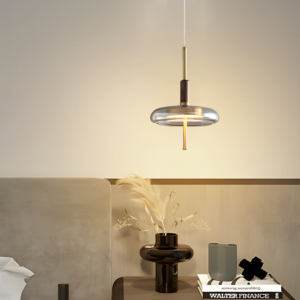 Modern Nordic Glass and Walnut Wood Pendant Light with Brass Accents and 3 Step Dimming