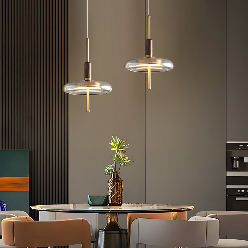 Modern Nordic Glass and Walnut Wood Pendant Light with Brass Accents and 3 Step Dimming