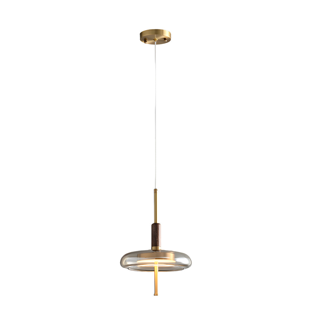 Modern Nordic Glass and Walnut Wood Pendant Light with Brass Accents and 3 Step Dimming