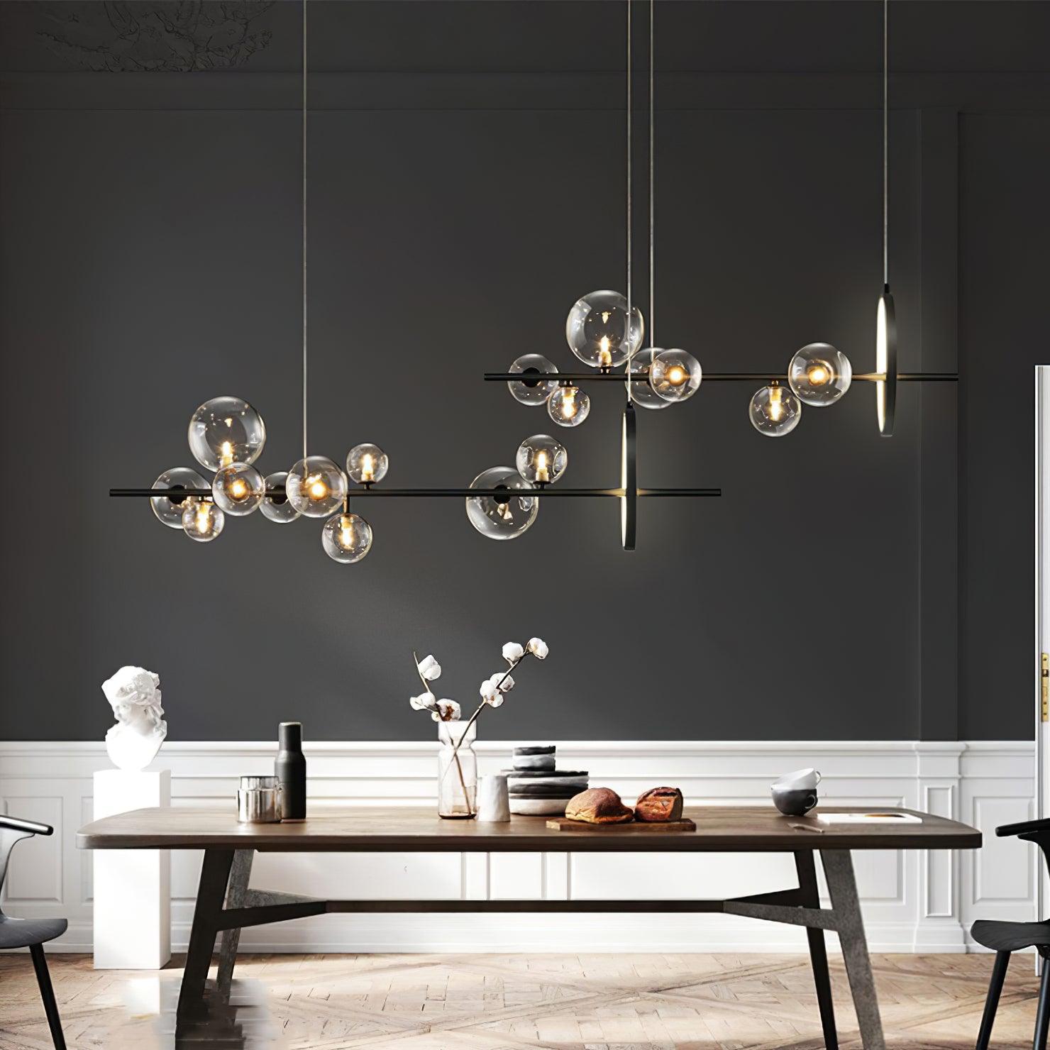 Modern Nordic Glass Bubble Chandelier with Integrated LED Ring and Black Linear Frame