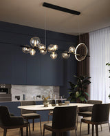 Modern Nordic Glass Bubble Chandelier with Integrated LED Ring and Black Linear Frame