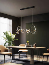 Modern Nordic Glass Bubble Chandelier with Integrated LED Ring and Black Linear Frame