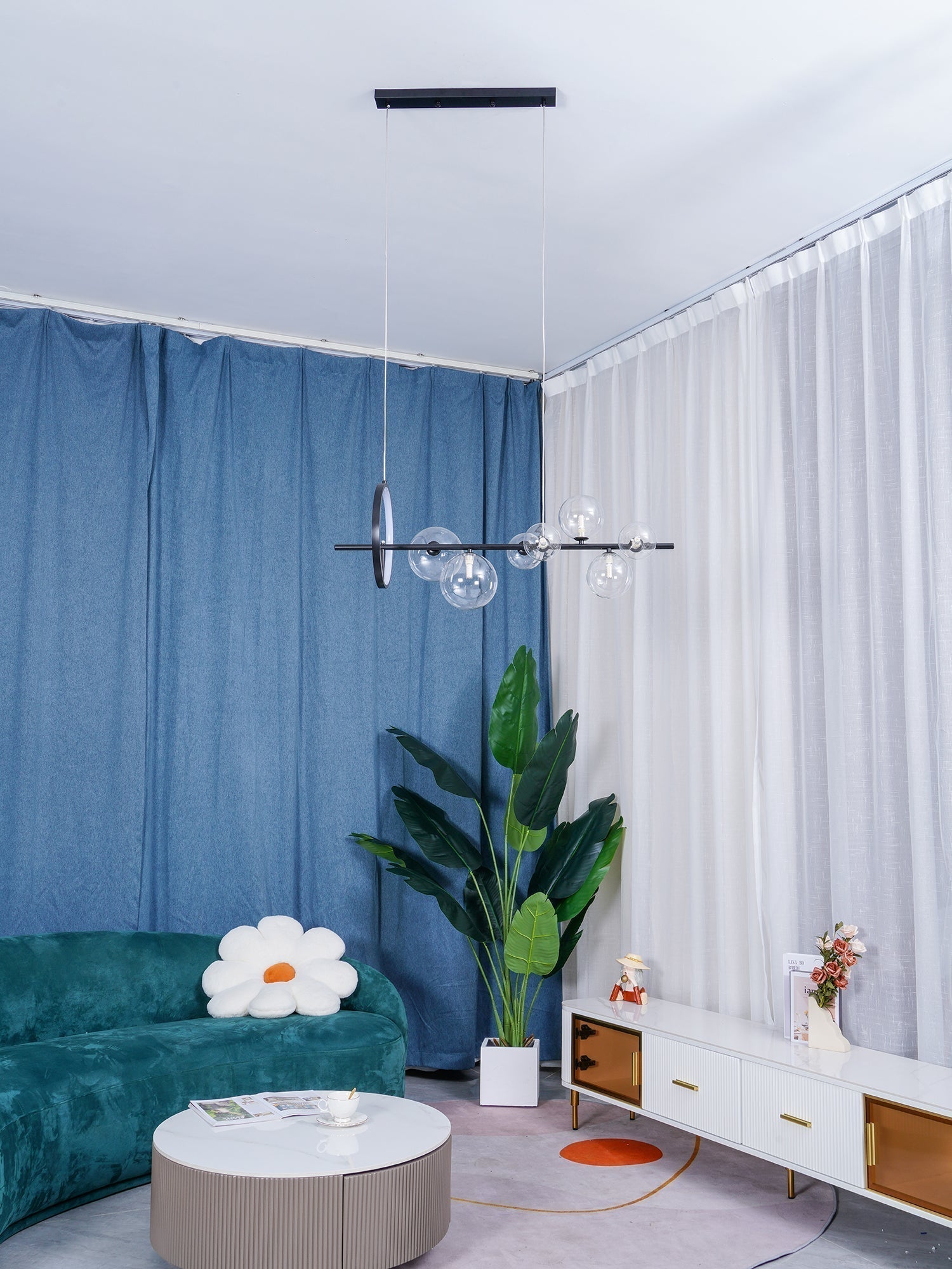 Modern Nordic Glass Bubble Chandelier with Integrated LED Ring and Black Linear Frame