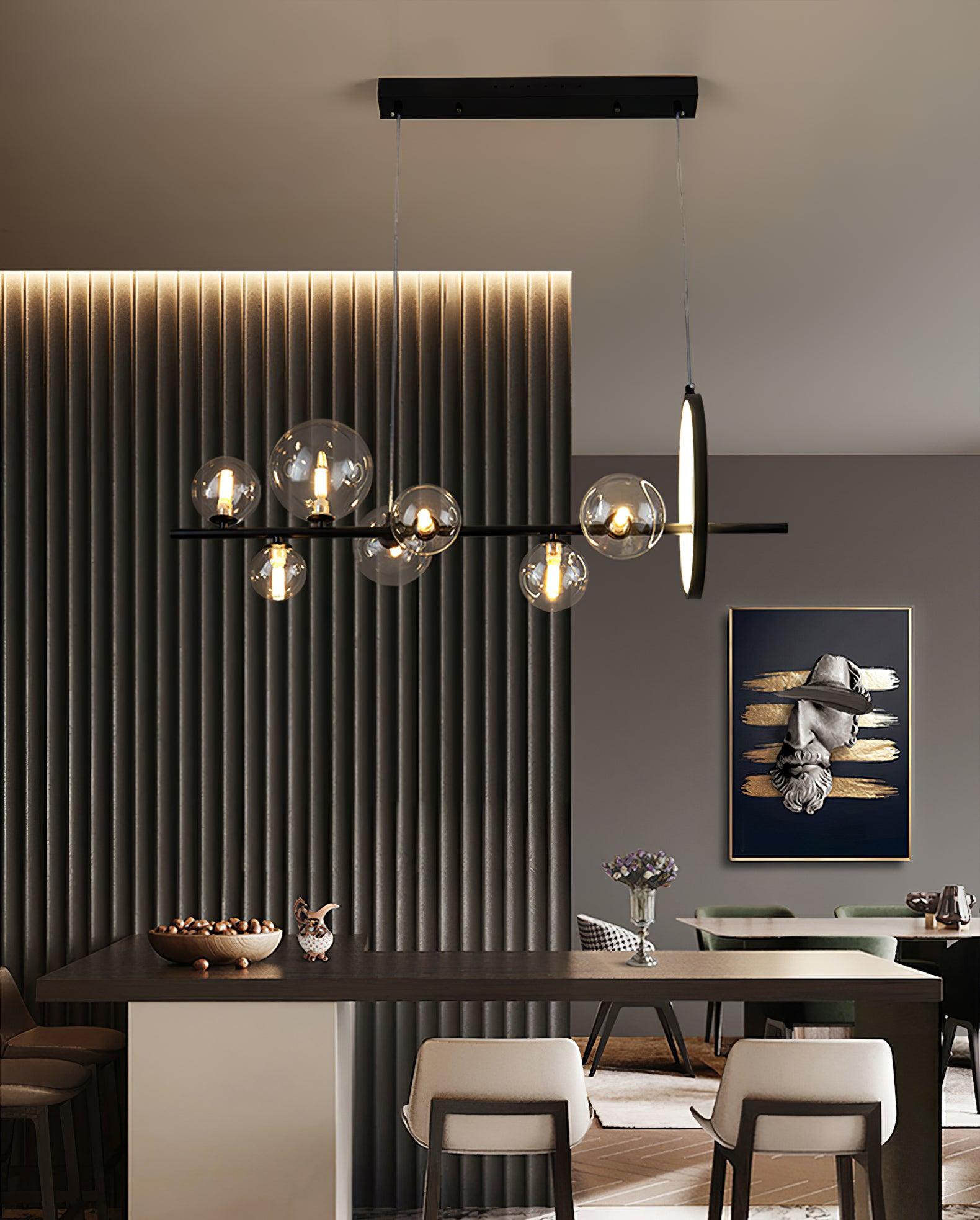 Modern Nordic Glass Bubble Chandelier with Integrated LED Ring and Black Linear Frame