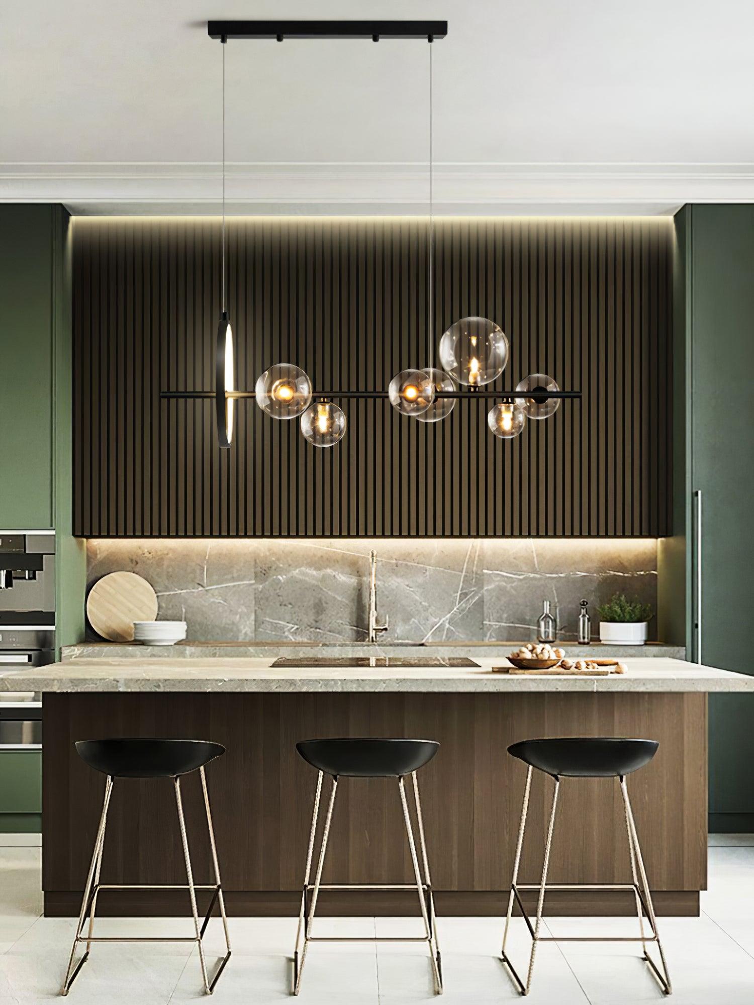 Modern Nordic Glass Bubble Chandelier with Integrated LED Ring and Black Linear Frame