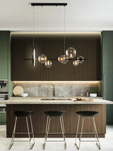 Modern Nordic Glass Bubble Chandelier with Integrated LED Ring and Black Linear Frame