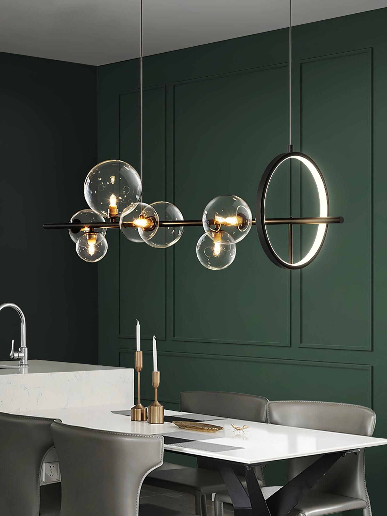 Modern Nordic Glass Bubble Chandelier with Integrated LED Ring and Black Linear Frame