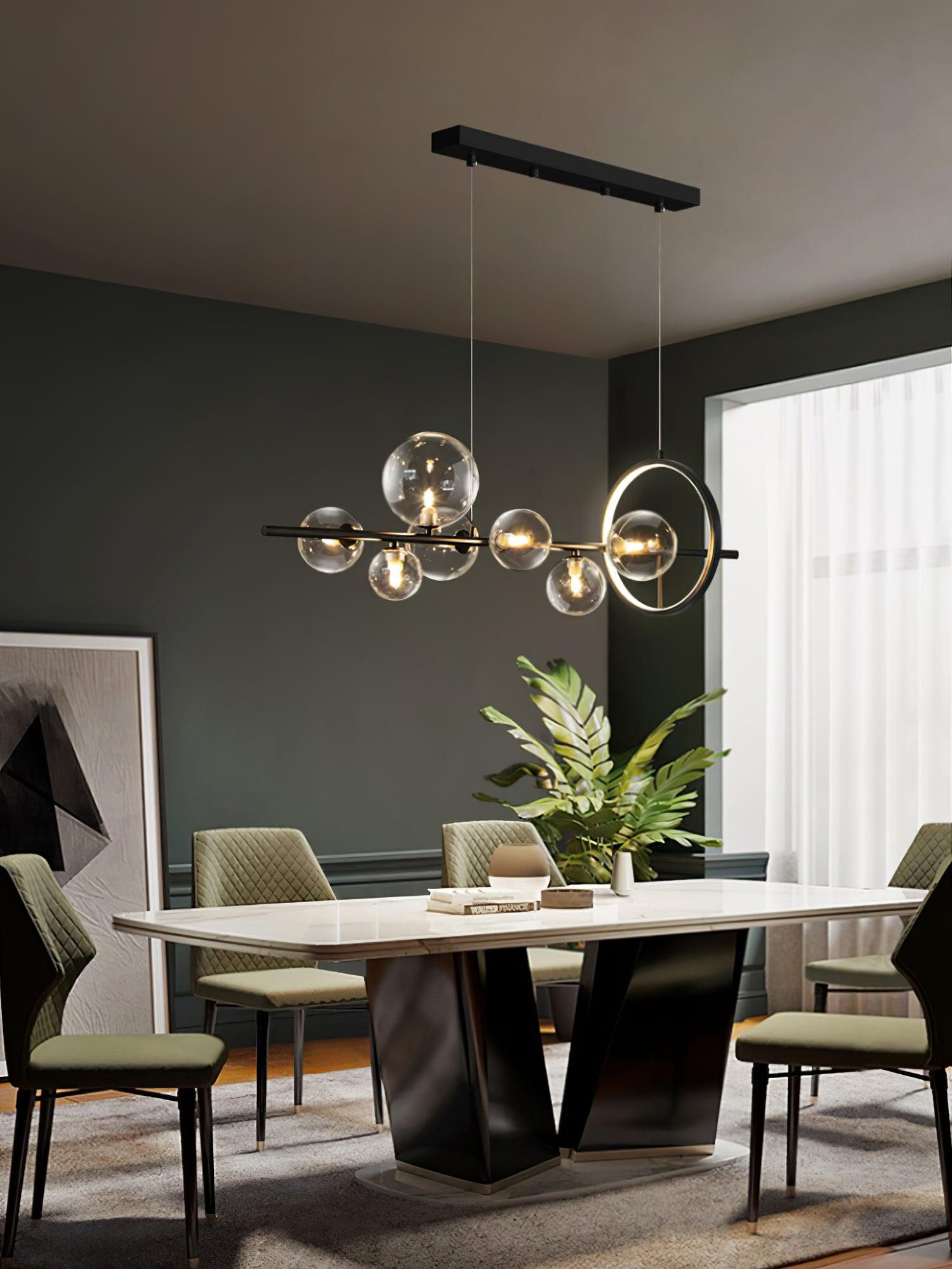 Modern Nordic Glass Bubble Chandelier with Integrated LED Ring and Black Linear Frame