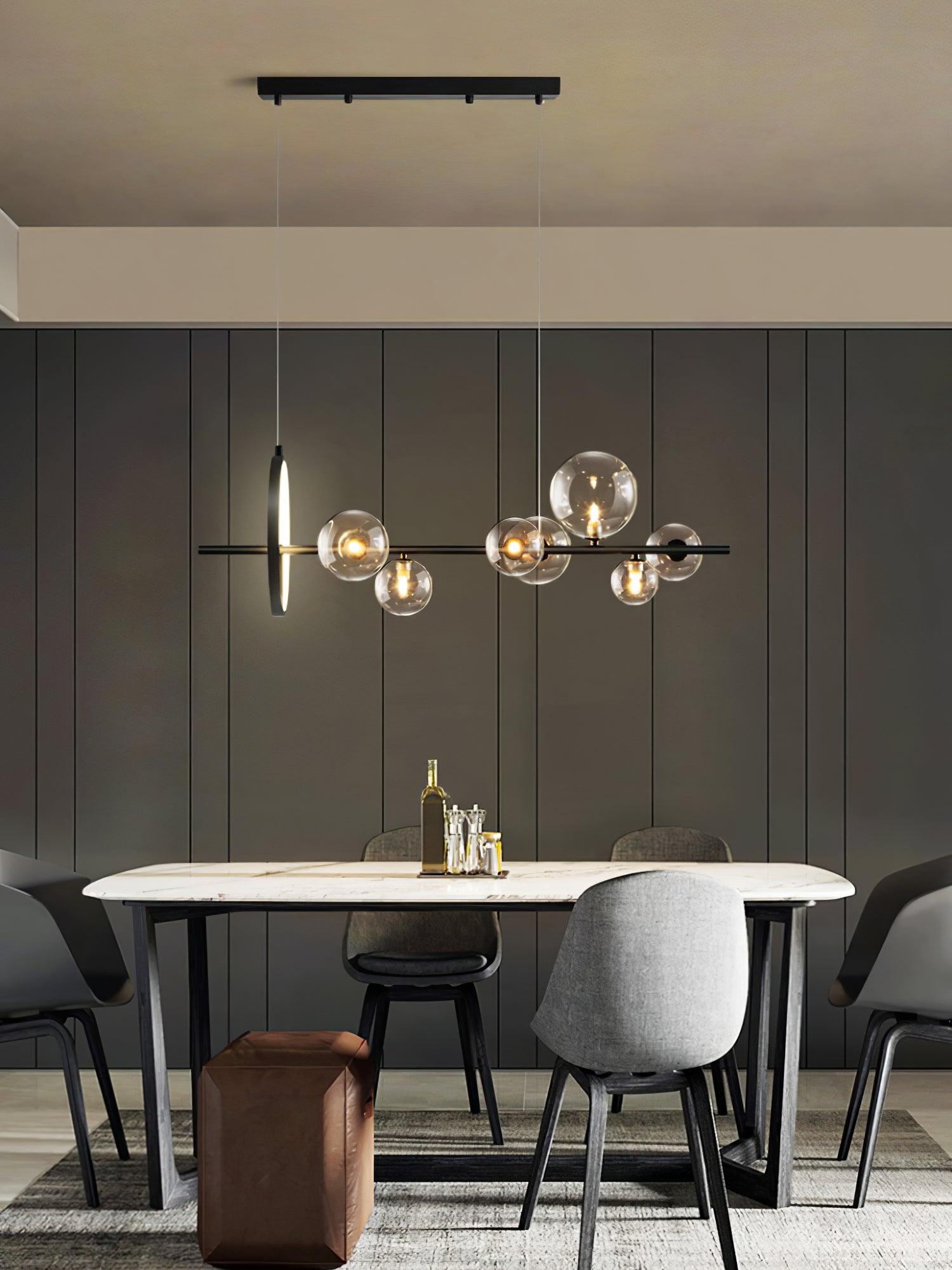 Modern Nordic Glass Bubble Chandelier with Integrated LED Ring and Black Linear Frame