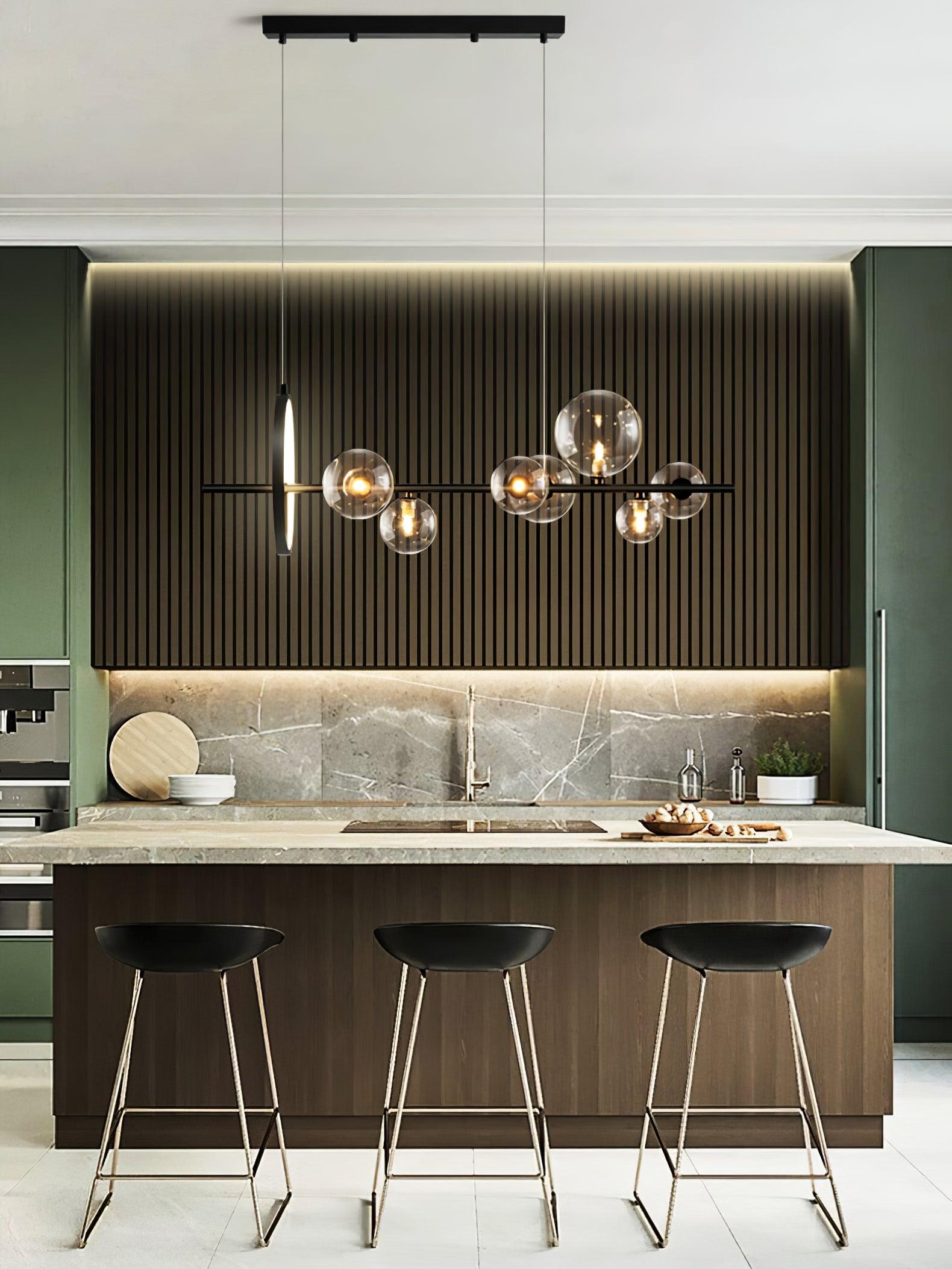 Modern Nordic Glass Bubble Chandelier with Integrated LED Ring and Black Linear Frame
