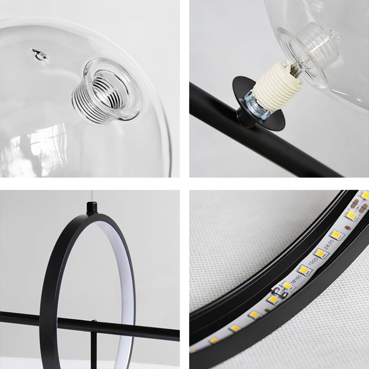Modern Nordic Glass Bubble Chandelier with Integrated LED Ring and Black Linear Frame