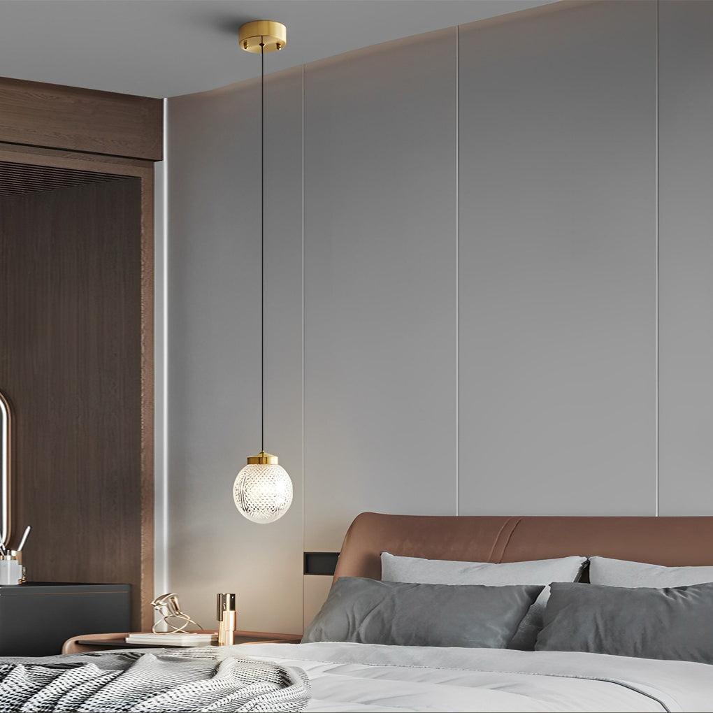 Modern Nordic Patterned Glass Globe Pendant Light Brass Round Ball Hanging Lamp for Bedside