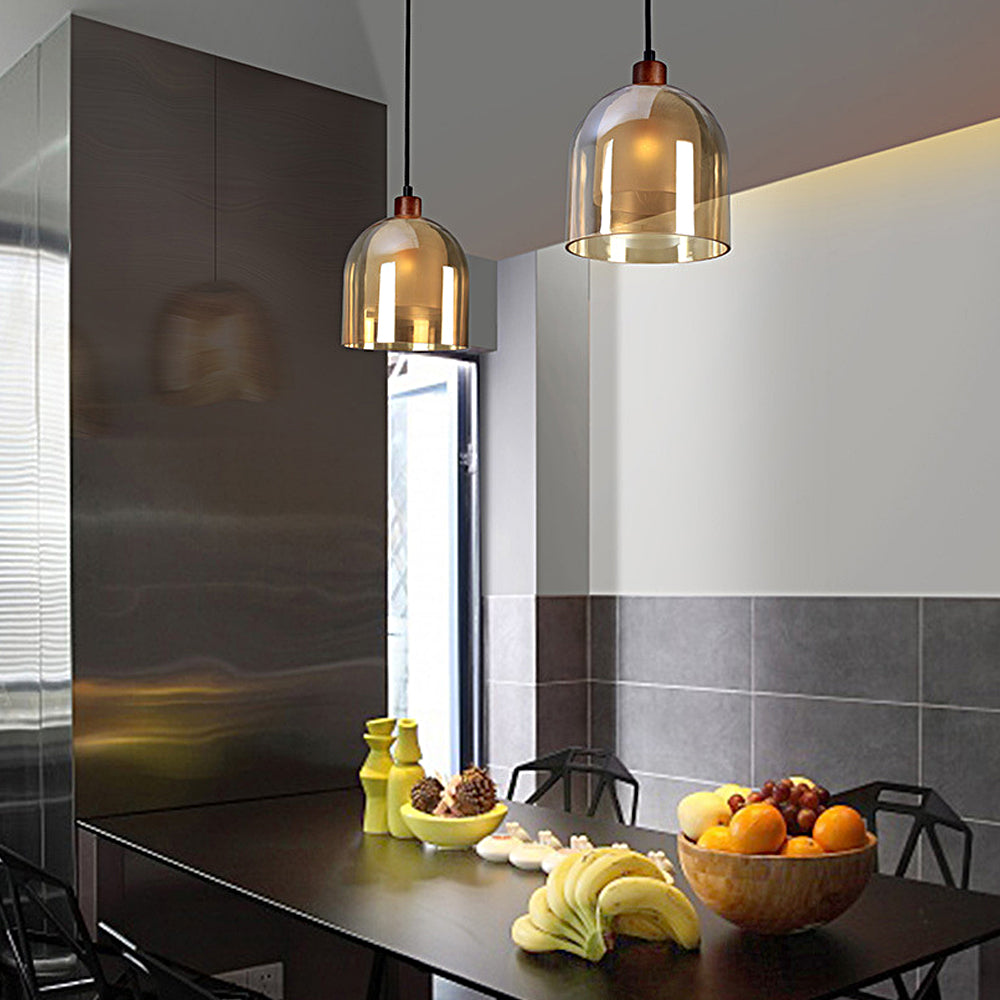 Modern Nordic Pendant Light with Double Glass Shade and Brown Wood Accents for Bedroom and Dining Room