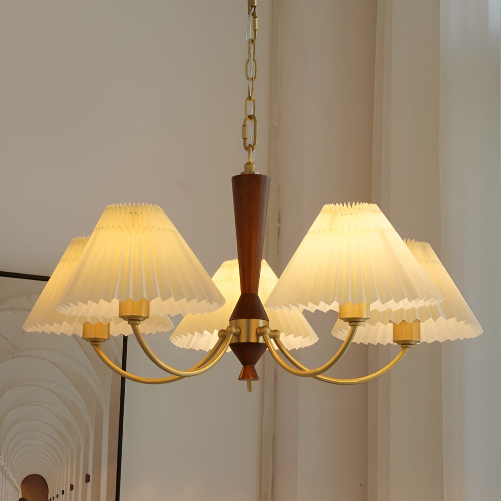 Modern Nordic Pleated Chandelier 3 Light Walnut Wood Pendant Ceiling Fixture for Dining Room
