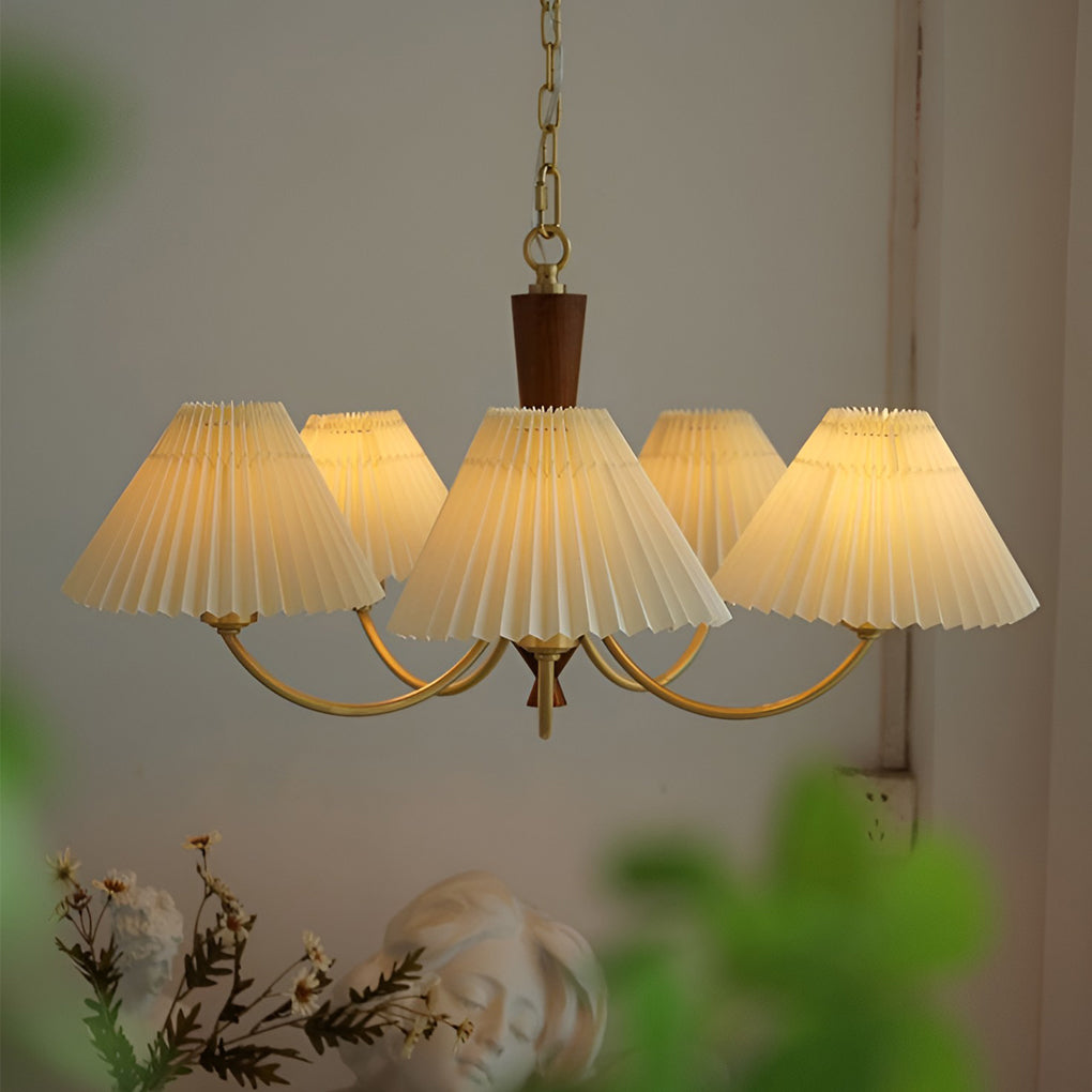 Modern Nordic Pleated Chandelier 3 Light Walnut Wood Pendant Ceiling Fixture for Dining Room