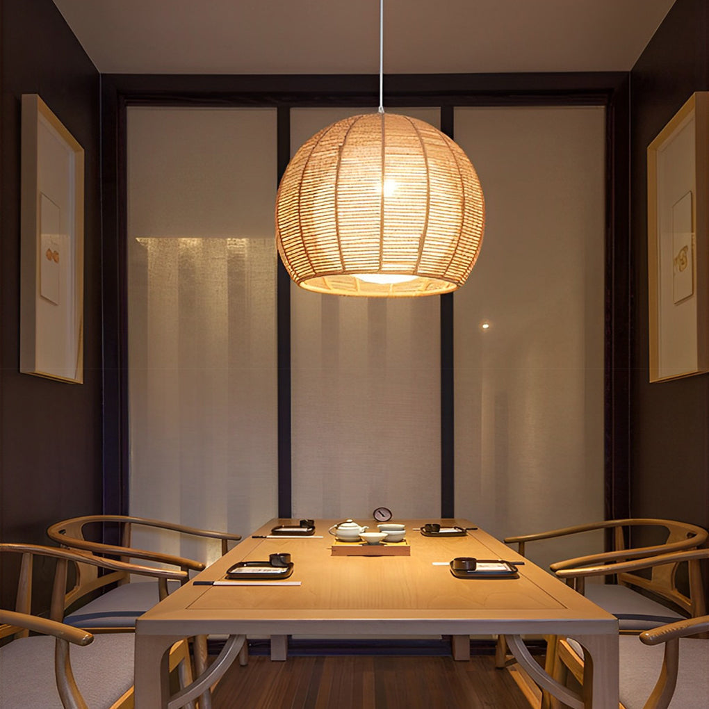 Modern Nordic Rattan Rope Woven Lantern Pendant Light LED Rustic Chandelier for Bedroom and Living Room