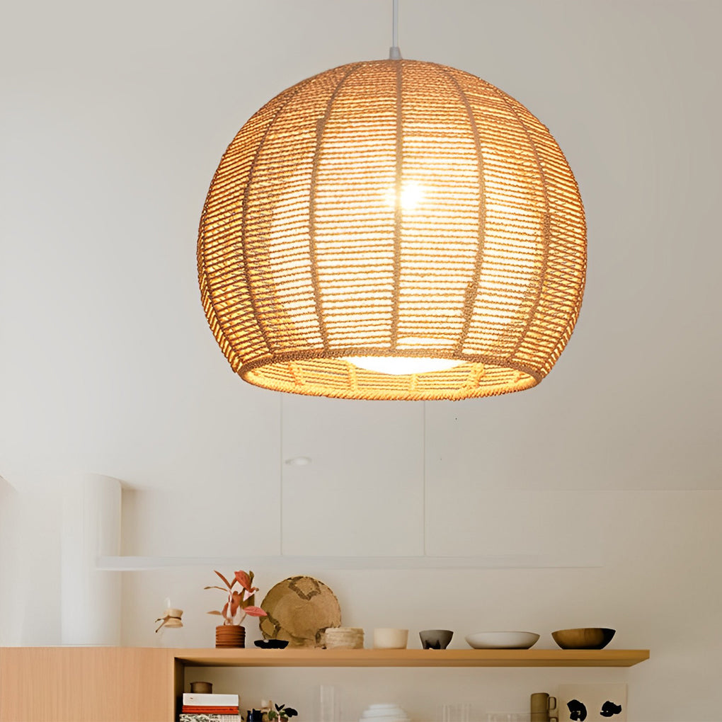 Modern Nordic Rattan Rope Woven Lantern Pendant Light LED Rustic Chandelier for Bedroom and Living Room