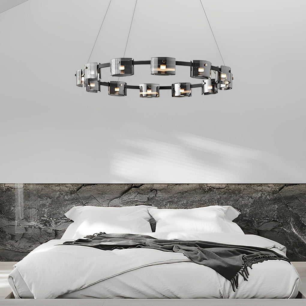 Modern Nordic Round Glass LED Chandelier Stepless Dimmable Ceiling Pendant Light with Remote