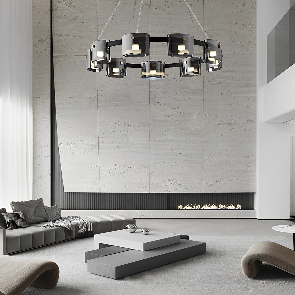 Modern Nordic Round Glass LED Chandelier Stepless Dimmable Ceiling Pendant Light with Remote