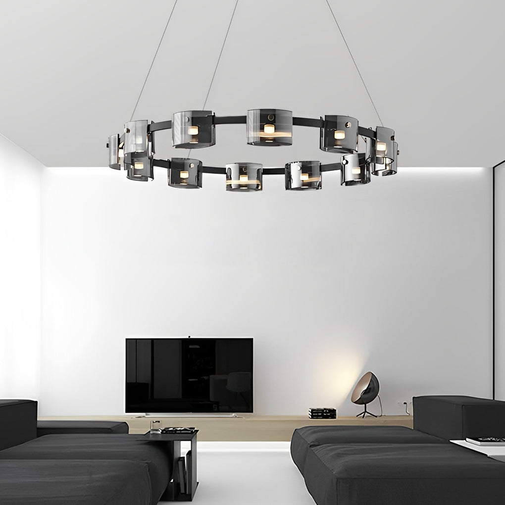 Modern Nordic Round Glass LED Chandelier Stepless Dimmable Ceiling Pendant Light with Remote