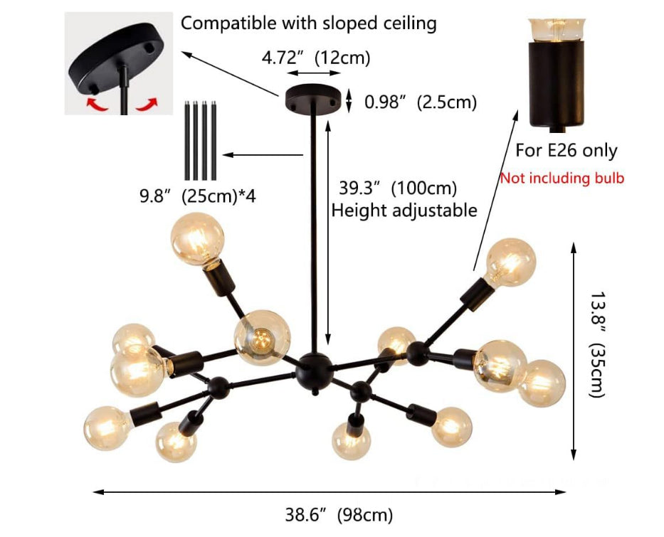 Modern Nordic Sputnik Chandelier with 12 Lights Adjustable Linear Metal Ceiling Light Fixture