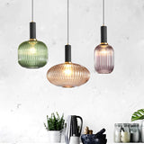 Modern Nordic Striped Glass Lantern Pendant Light Creative LED Hanging Chandelier for Dining Room