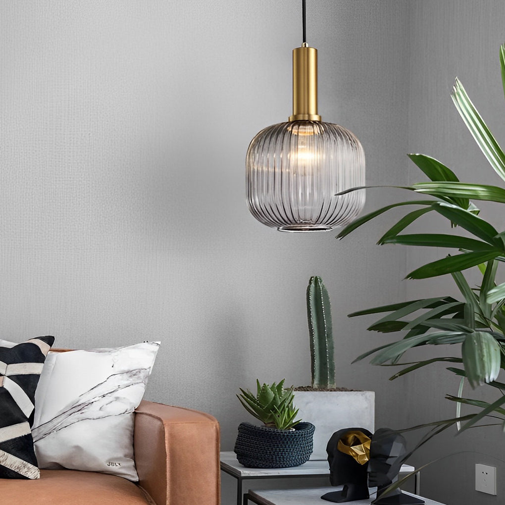 Modern Nordic Striped Glass Lantern Pendant Light Creative LED Hanging Chandelier for Dining Room