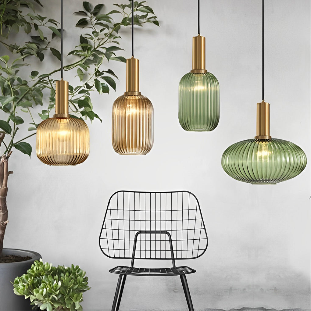 Modern Nordic Striped Glass Lantern Pendant Light Creative LED Hanging Chandelier for Dining Room