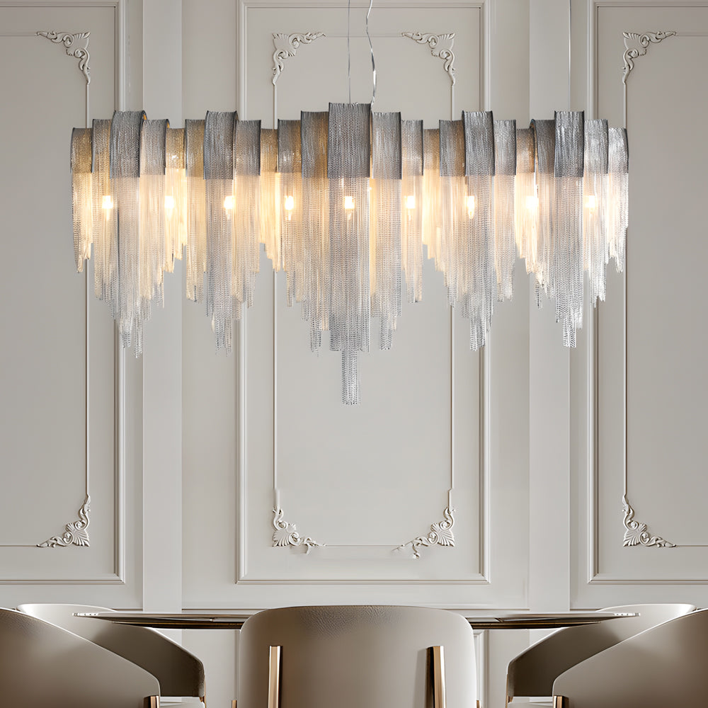 Modern Nordic Wavy Aluminum Chain Tassel Chandelier Artistic 3 Step Dimming Pendant Light Gold Silver