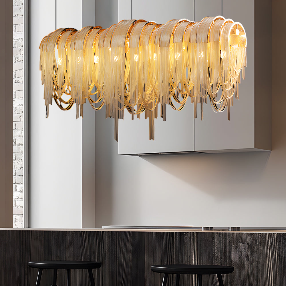 Modern Nordic Wavy Aluminum Chain Tassel Chandelier Artistic 3 Step Dimming Pendant Light Gold Silver