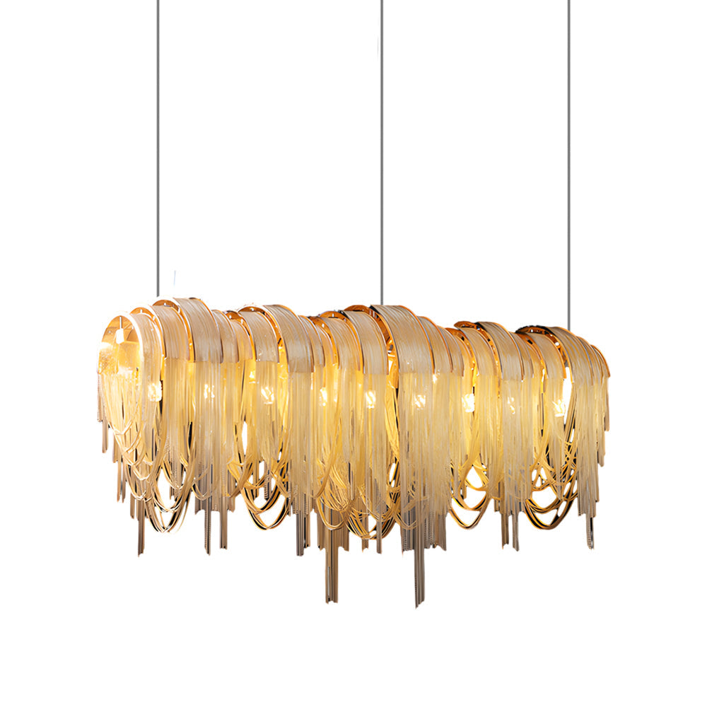 Modern Nordic Wavy Aluminum Chain Tassel Chandelier Artistic 3 Step Dimming Pendant Light Gold Silver