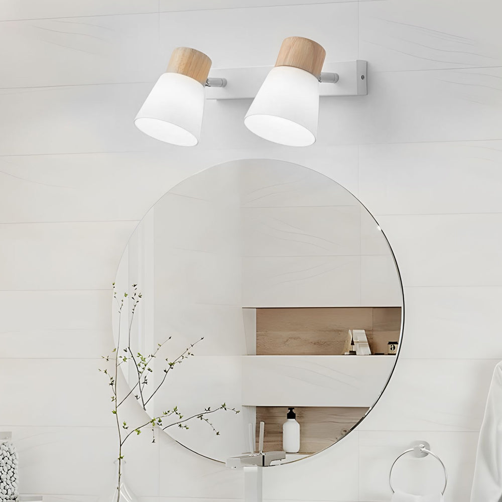 Modern Nordic Wood and Glass Cone Rotatable Wall Sconce in White Finish