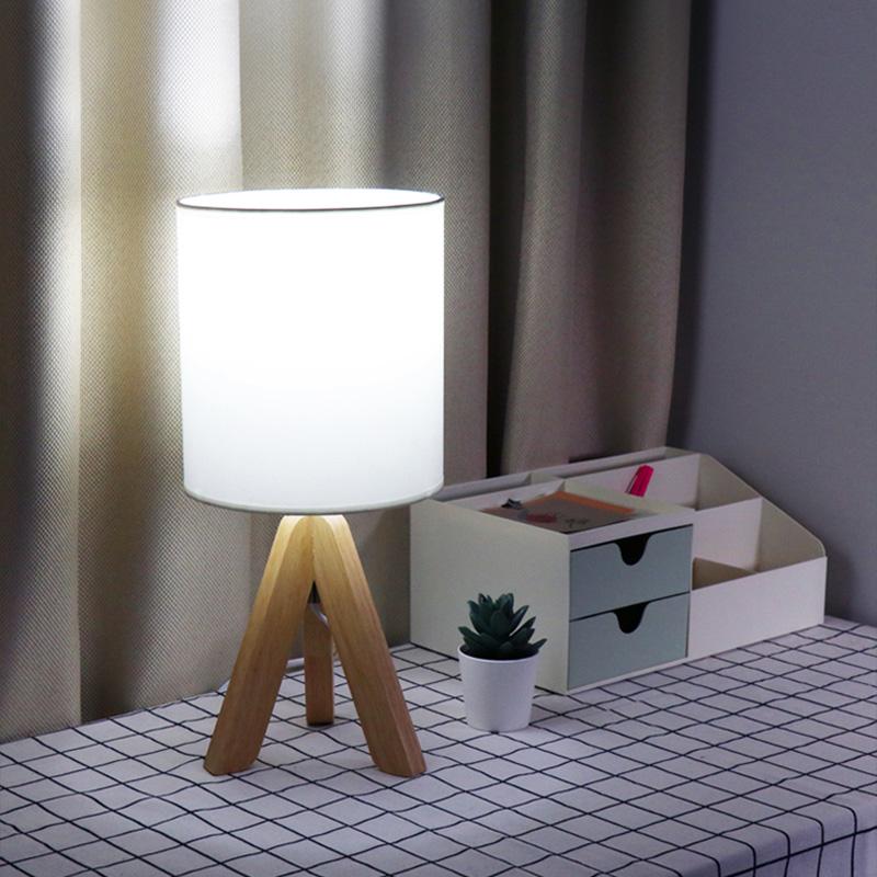 Modern Nordic Wood Tripod Table Lamp with White Linen Drum Shade for Bedroom and Nightstand 15 Inch