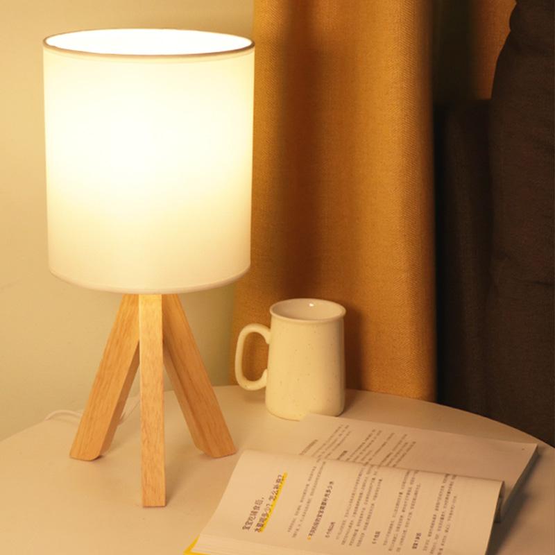 Modern Nordic Wood Tripod Table Lamp with White Linen Drum Shade for Bedroom and Nightstand 15 Inch