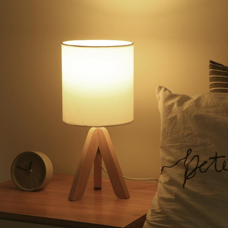 Modern Nordic Wood Tripod Table Lamp with White Linen Drum Shade for Bedroom and Nightstand 15 Inch
